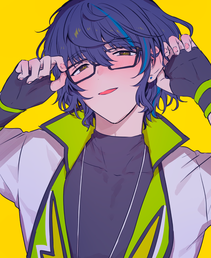 male focus glasses 1boy blue hair gloves solo yellow background  illustration images