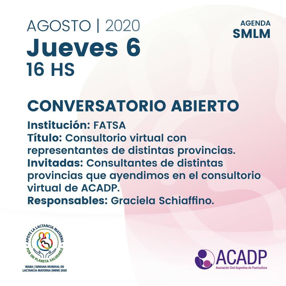 ACADPueri's tweet photo. Seguimos con actividades en la #SMLM2020 en #ACADP
ESTE J U E V E S 6 no te pierdas desde las 16h el #Convesatorio y el #Zoom abiertos
#tetayplaneta #LactanciaMaterna #LactanciaMaterna2020 #LactanciaMaternaSí #medioambiente #maternidad #puericultura #crianza #LecheMaterna https://t.co/6dTWXVIsOR