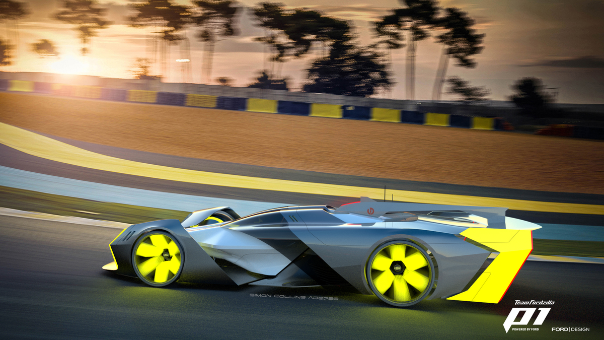 TeamFordzilla's tweet photo. Option 2 is from #FordDesign's Simon Collins's design, Gemini.
The concept of Gemini is two racing cars in one. Two drivers who are the structural element of the car sit side-by-side.
"This car will be the ultimate haptic experience." https://t.co/1gquBzpIYH