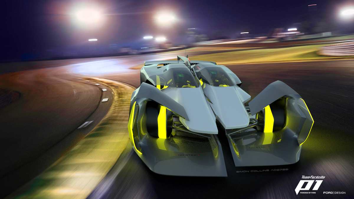 TeamFordzilla's tweet photo. Option 2 is from #FordDesign's Simon Collins's design, Gemini.
The concept of Gemini is two racing cars in one. Two drivers who are the structural element of the car sit side-by-side.
"This car will be the ultimate haptic experience." https://t.co/1gquBzpIYH