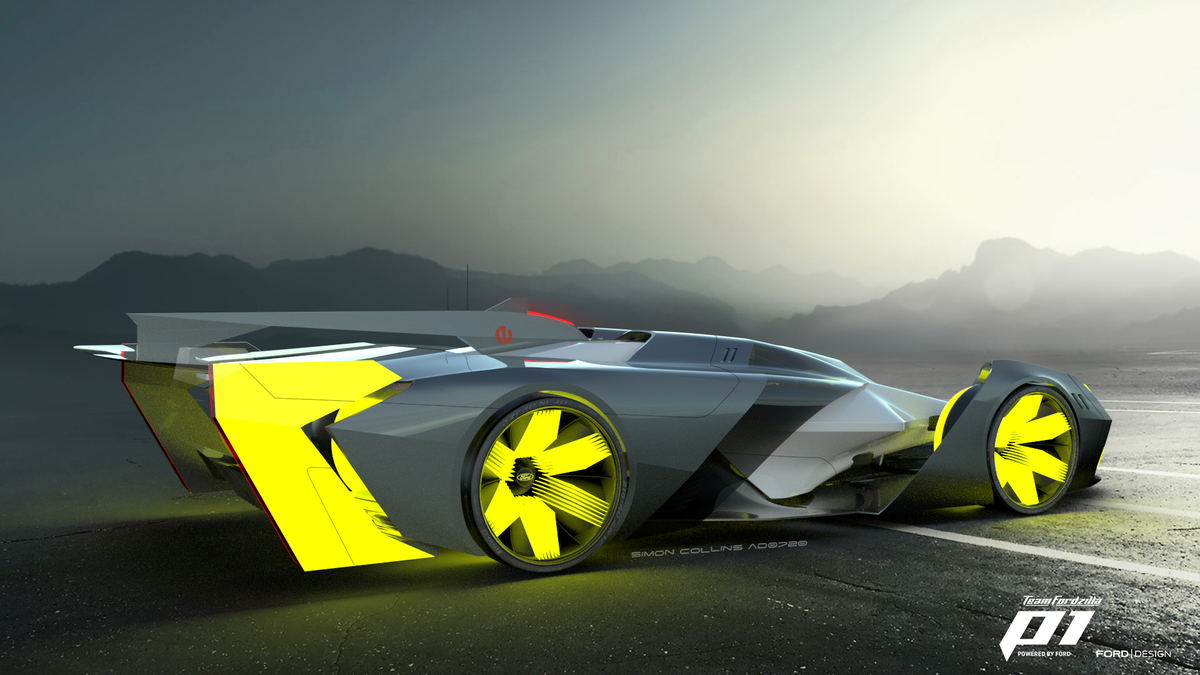 TeamFordzilla's tweet photo. Option 2 is from #FordDesign's Simon Collins's design, Gemini.
The concept of Gemini is two racing cars in one. Two drivers who are the structural element of the car sit side-by-side.
"This car will be the ultimate haptic experience." https://t.co/1gquBzpIYH