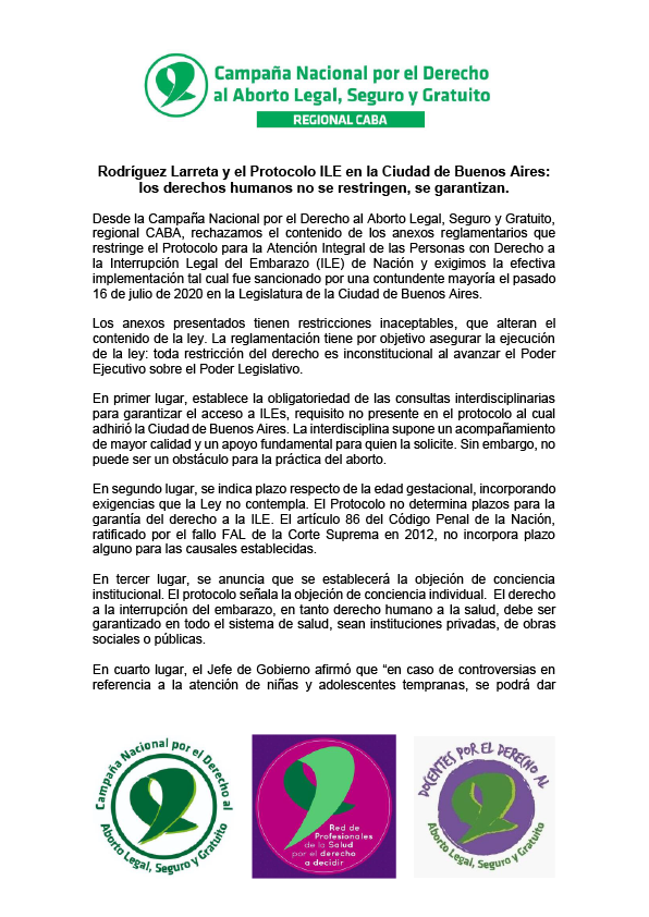 AbortoLegalMpaz's tweet photo. Rechazamos el contenido de los anexos reglamentarios que restringe el Protocolo para la Atención Integral de ILEs de Nación y exigimos la efectiva implementación, como se sancionó el pasado 16 de julio en la
@LegisCABA
#NiñasNoMadres #AbortoLegal2020
https://t.co/L7tzvsCFE8 https://t.co/IVwvo0T0O9