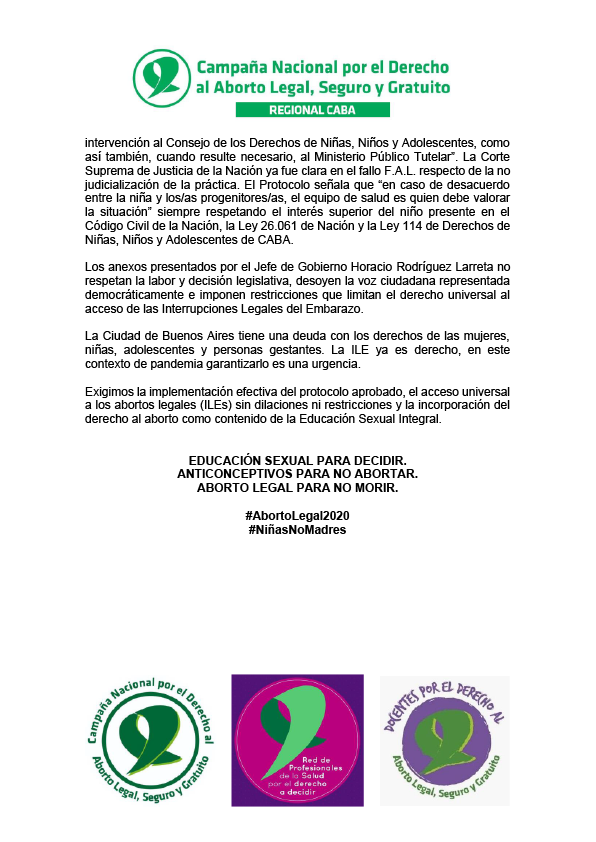 AbortoLegalMpaz's tweet photo. Rechazamos el contenido de los anexos reglamentarios que restringe el Protocolo para la Atención Integral de ILEs de Nación y exigimos la efectiva implementación, como se sancionó el pasado 16 de julio en la
@LegisCABA
#NiñasNoMadres #AbortoLegal2020
https://t.co/L7tzvsCFE8 https://t.co/IVwvo0T0O9