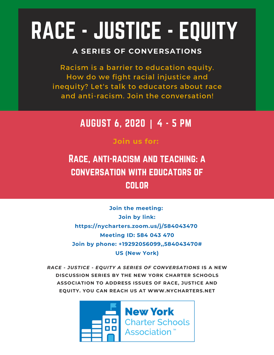 nycharterassoc's tweet photo. Join us TODAY at 4 pm!
Panelists: Stephfon Guidry & Alicia McNeal from The Charter High School for Law and Social Justice, Tyrek Laing & Khadijah Powell from @EdsForJustice Arturo Lazaro from @MESACHARTER & Bridgette Jackson, Diversity and Inclusion Consultant. https://t.co/iRRppe06hk