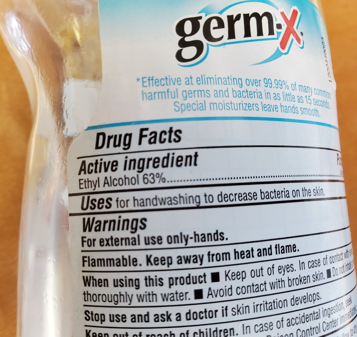 We've got Germ-X. It says it is 63% ethyl alcohol (ethanol) . That's "drinking alcohol" that we find in beer, wine, and liquor. For comparison, most vodkas, gins, whiskey, etc is 40% ethanol.