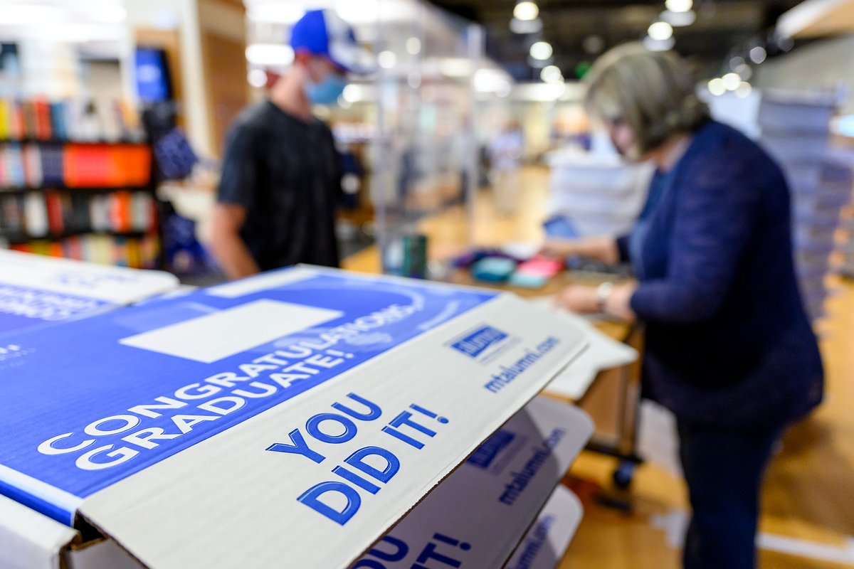 MTSU's tweet photo. AUGUST GRADUATES! Friday is the LAST day to pick up your Graduation Box at Phillips Bookstore. The bookstore is open until 4:30 p.m. today. It'll be open 8 a.m. to 4 p.m. Friday. #MTSU2020 #trueBLUEtogether https://t.co/zEghq8kBmf