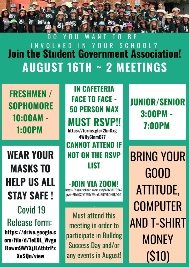FPCSGA's tweet image. SGA ALL CALL!! First meeting of the 2020-2021 School year ! MUST RSVP
RSVP Link:forms.gle/2bnGxg4WHy6inm…
ZOOM link:flaglerschools.zoom.us/j/4363817024?p…
@FlaglerSchools @FPCHS