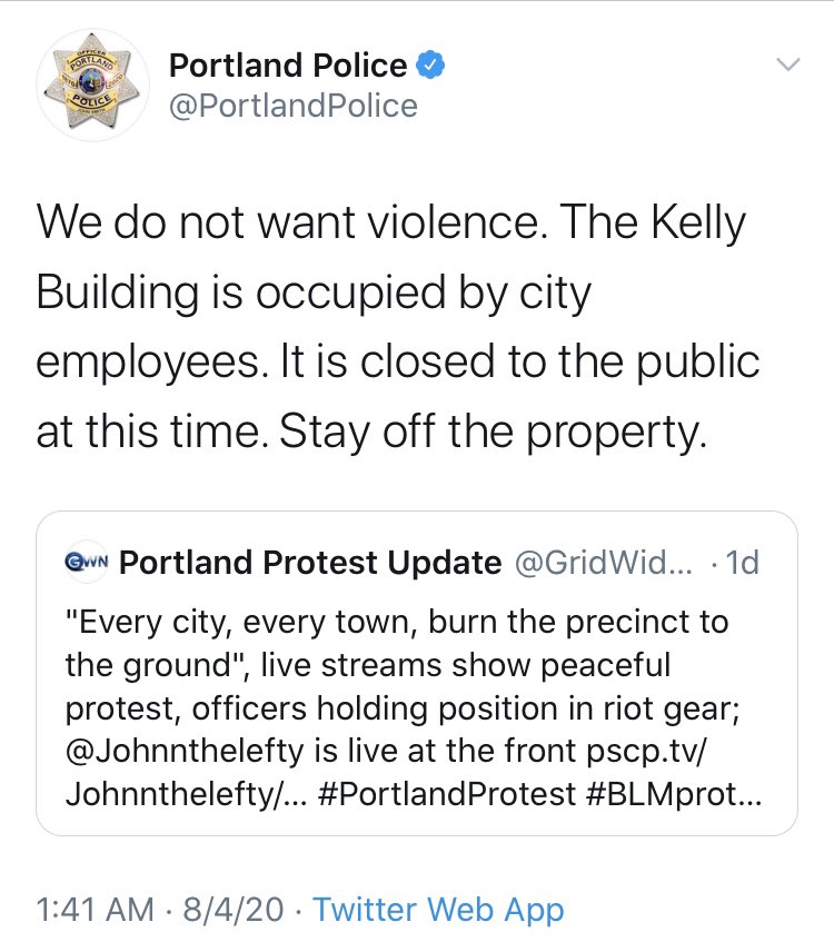 I remain fascinated by the lie that won’t die: that the protests in Portland have been “peaceful.”All of the below tweets are from the last month, courtesy of  @PortlandPolice, that directly contradict the idea that what’s going on is anything but violent. thread
