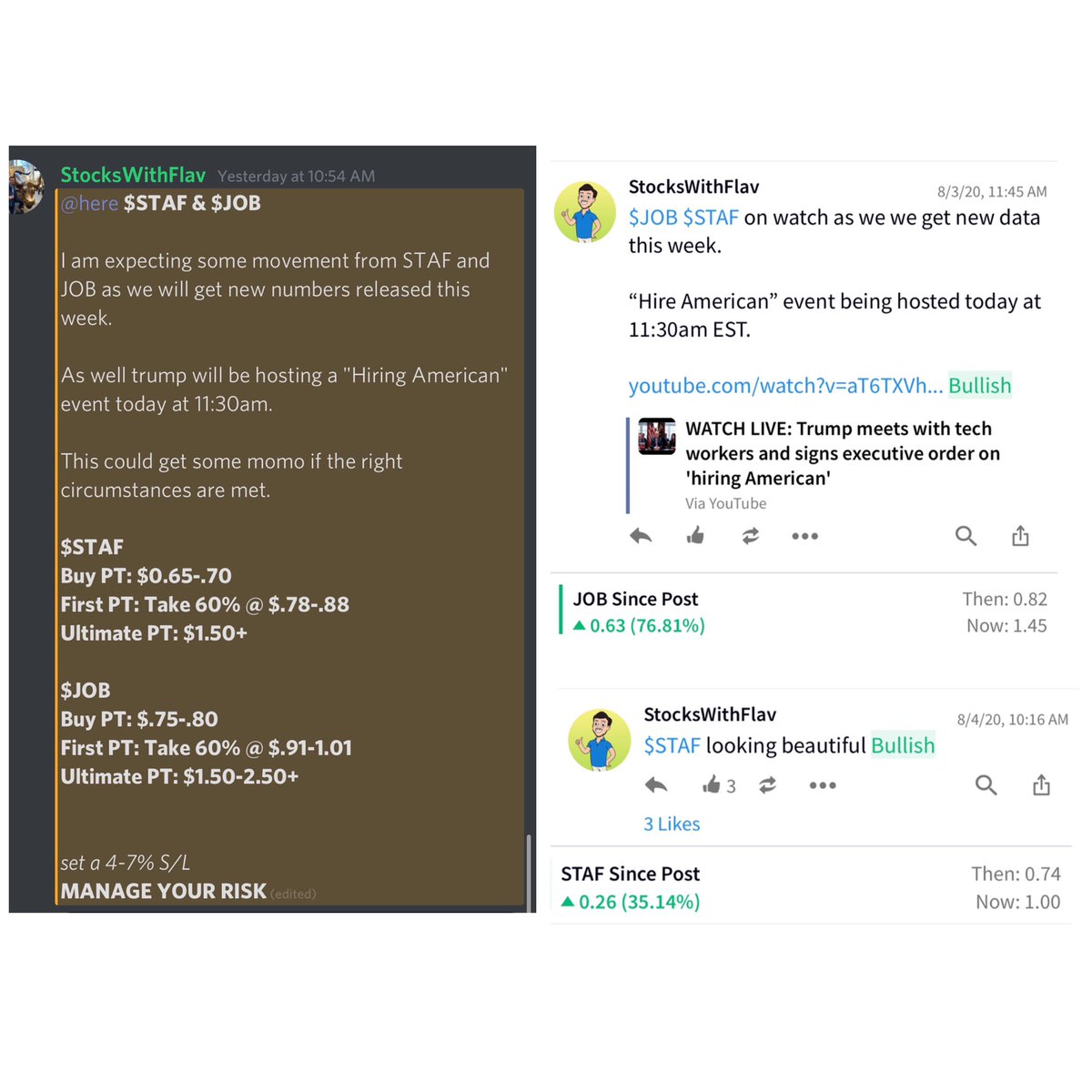 thevtgroup's tweet photo. On 08/03 our team issued a buy on $STAF & $JOB
$STAF —> up and over 30%+
$JOB —> up and over 70%+
There’s not point in chasing when you are in early 💰 #vtgroup https://t.co/7YmJ2zcUdz