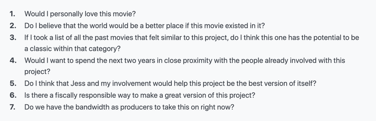 aweissman's tweet image. This set of principles from @keithcalder on how they decide to get involved producing a film project is a list I think I could apply to my job investing as well