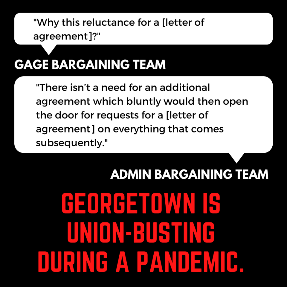 <a href="/Georgetown/">Georgetown University</a>'s bargaining team refused good-faith negotiations and instead insisted that non-binding alterations to university policy should meet our needs-- therefore denying that there is a need for us to bargain, despite our right to do so. #GUunionbusters