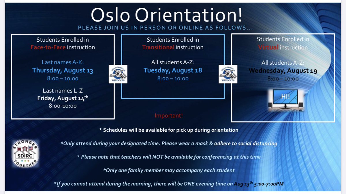 Can you believe we are finally preparing to head back to school?! Whether you’ve chosen option 1, 2, or 3, we are excited to welcome our Wildcat family for Orientation! Please read the flyer carefully to select the right time for your family.
