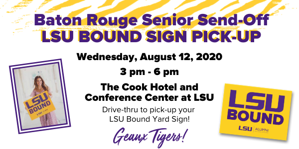 AlumniLSU's tweet photo. BR 🐯! Greater Baton Rouge alumni are so glad you chose @LSU! Drive-thru and pick up a yard sign on 8/12 from 3 - 6 PM. Submit the form at https://t.co/1usUNnPamB to reserve your sign and select a pick-up time. Geaux Tigers! #FutureLSUAlumni #LSUTigerNation #GeauxTigers #LSUBound https://t.co/pjPUvB7KlR