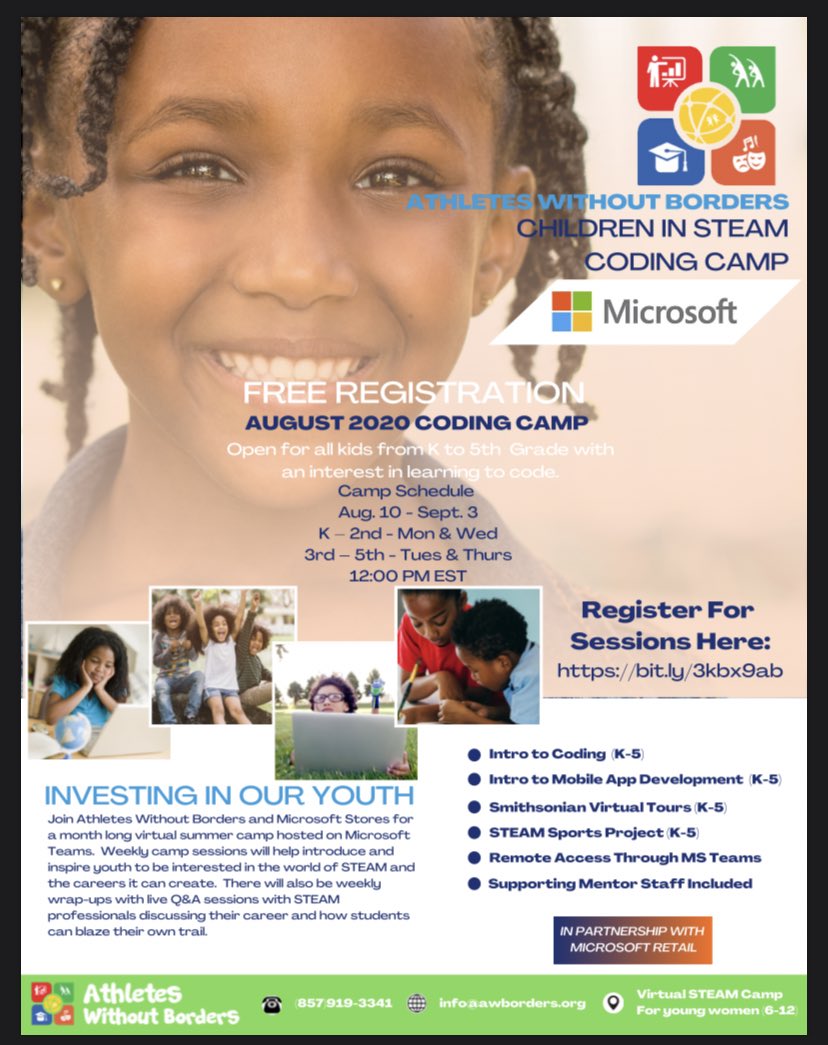 AWBorders's tweet photo. Join Athletes Without Borders and Microsoft Stores as we go virtual for another summer camp! This month is all about exploring the world of STEAM and it’s many career paths to youth. Along with teaching, there will be special guests to share their experiences! Link in Bio! #STEAM https://t.co/0ISLr0LDmb