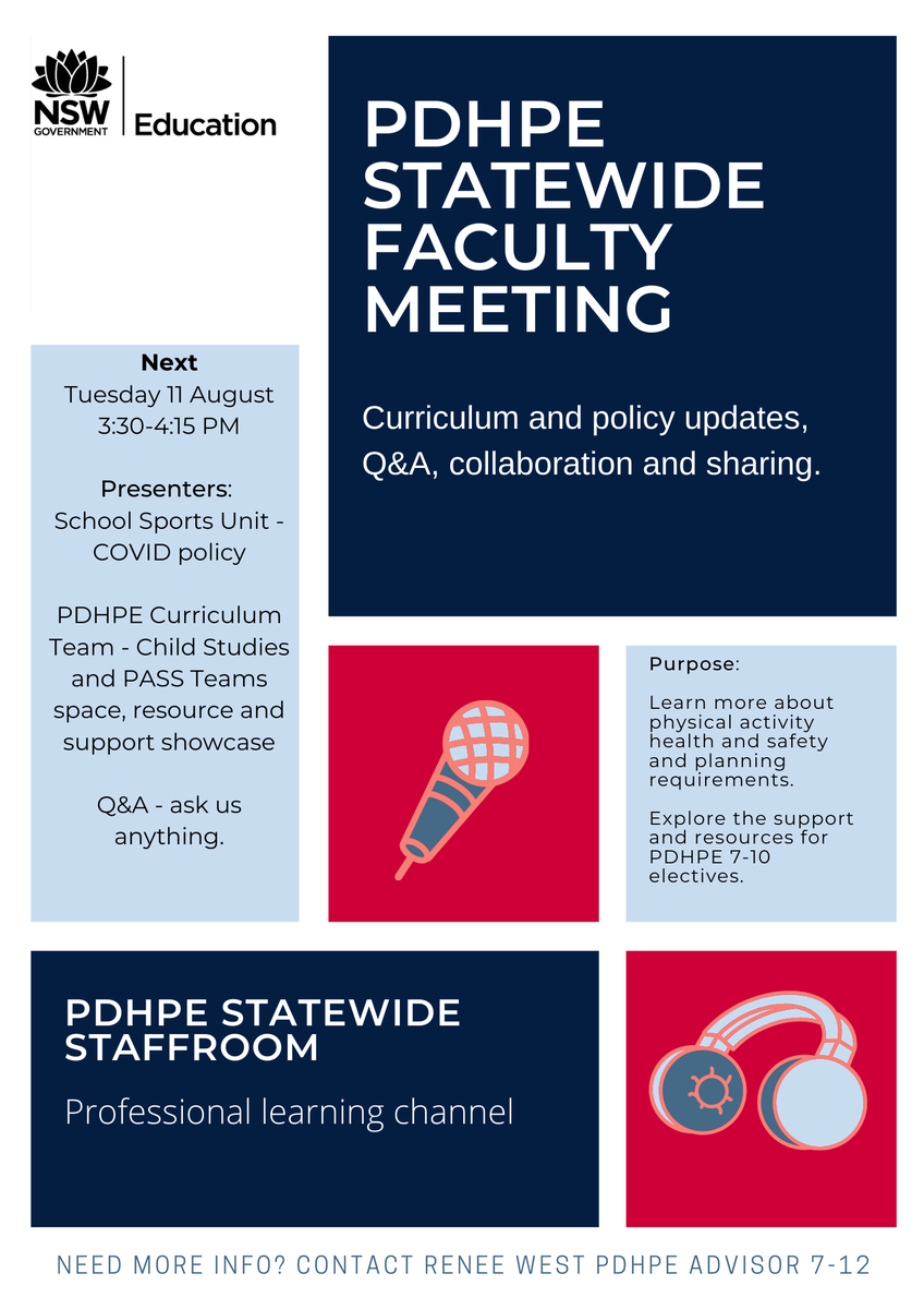 PDHPE_NSWPS's tweet photo. Statewide #PDHPE faculty meeting. Tuesday 11 August 3:30-4:15pm in the PDHPE Statewide staffroom 
Agenda:
Physical Activity and Sport - COVID19 Health and safety policy. 
Resources and support for Child Studies and PASS - 
Q&amp;A - Ask us anything. https://t.co/mtiP4Q8GL8