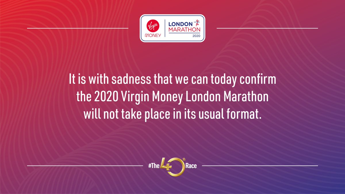 📝 It’s with a heavy heart that we can confirm, for the first time since 1981, the Virgin Money London Marathon will not be taking place in its usual format. 

Read the full update: bit.ly/VMLM2020Decisi…

#LondonMarathon #The40thRace