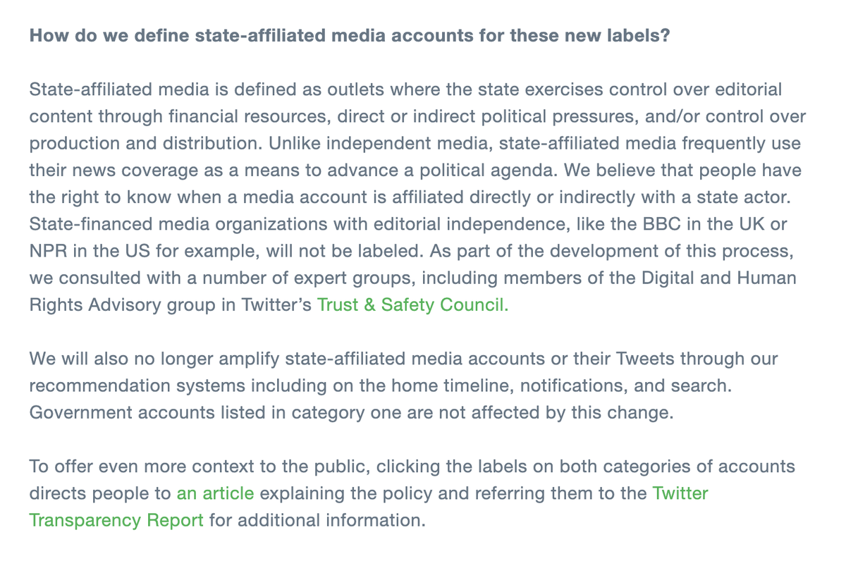 "State-affiliated media is defined as outlets where the state exercises control over editorial content through financial resources, direct or indirect political pressures, and/or control over production and distribution," says Twitter.
