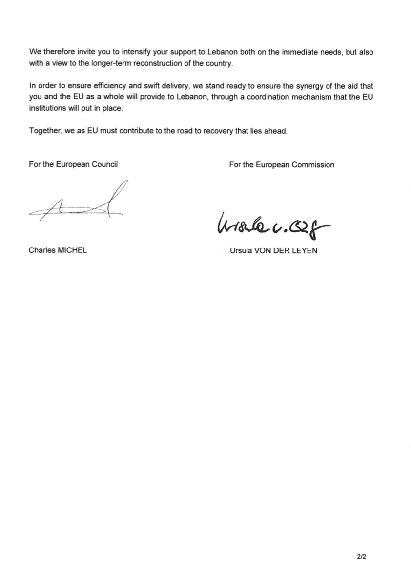 vonderleyen's tweet photo. Together with @eucopresident, we have sent today a letter to Member States urging them to support #Lebanon beyond its immediate needs in the current dramatic circumstances, also for its longer term reconstruction. We stand ready to help coordinate EU support. https://t.co/2xrvV8ep5s