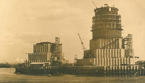 Construction took place of two of these towers in Shoreham Harbour in July 1918 and were quickly dubbed 'Shoreham's Mystery Towers'.Only one was completed when the armistice was announced, with a second one partially built.