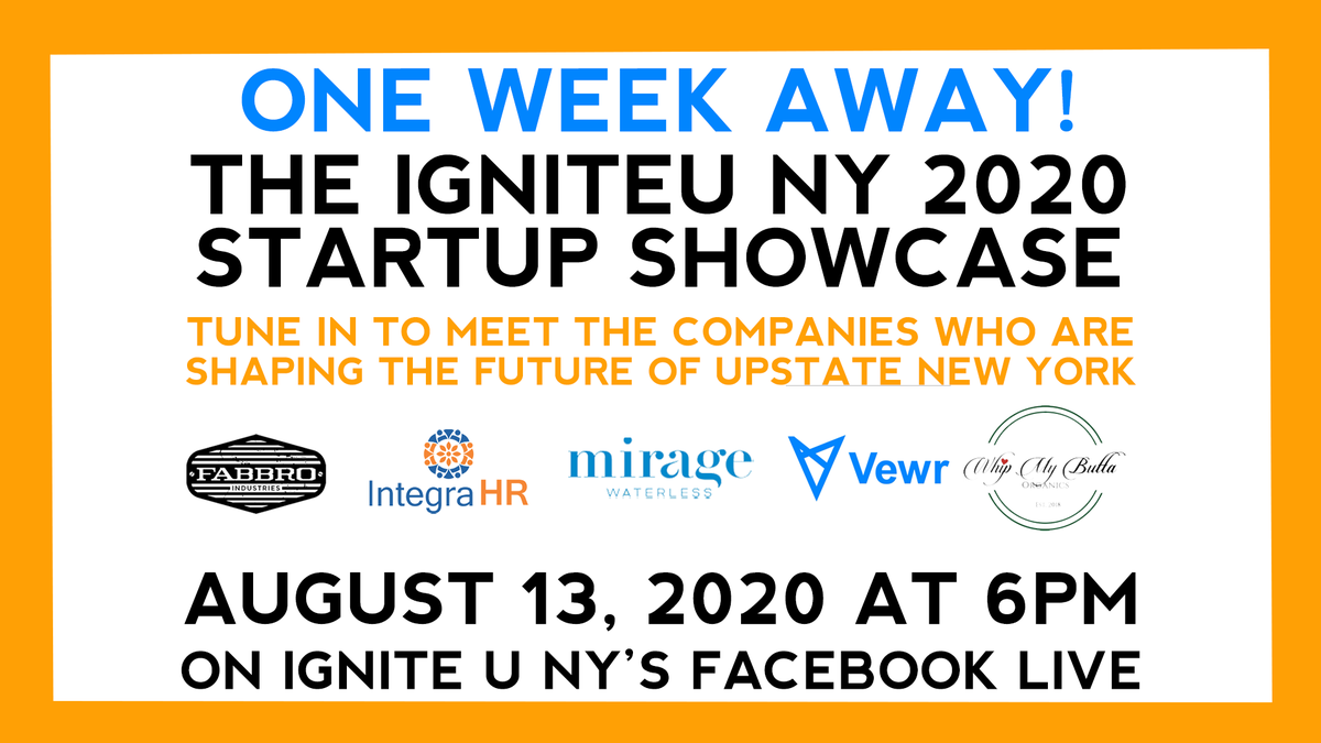 igniteuny's tweet photo. We are one week away until the 2020 Startup Showcase!

Tune in to our Facebook Live to watch the five companies who are participating in our Summer Accelerator Program compete for cash and in-kind prizes. 

Learn More &amp; RSVP: https://t.co/T8PBJOrKrT https://t.co/ADqVLdkCEX