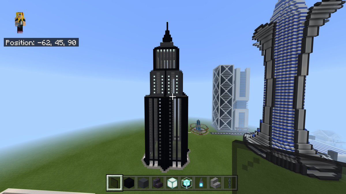 BlondeMombshell's tweet photo. A skyscraper! From scratch! No YouTube videos here! Just plain old OCD and channeling some old school LEGO style talent lol #minecraftcreativebuilds #eriksmegacityrealm #blondemombshell #skyscraper #sealanterns #mylefttriggerisbreaking #minecraftmama https://t.co/gMKKhSV7Li
