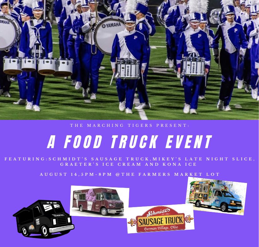PHSCTigerBand's tweet photo. Cream Puffs, Pizza, Ice Cream and Kona Ice!  What’s there not to like?!  See you there! https://t.co/niLWulKRx7