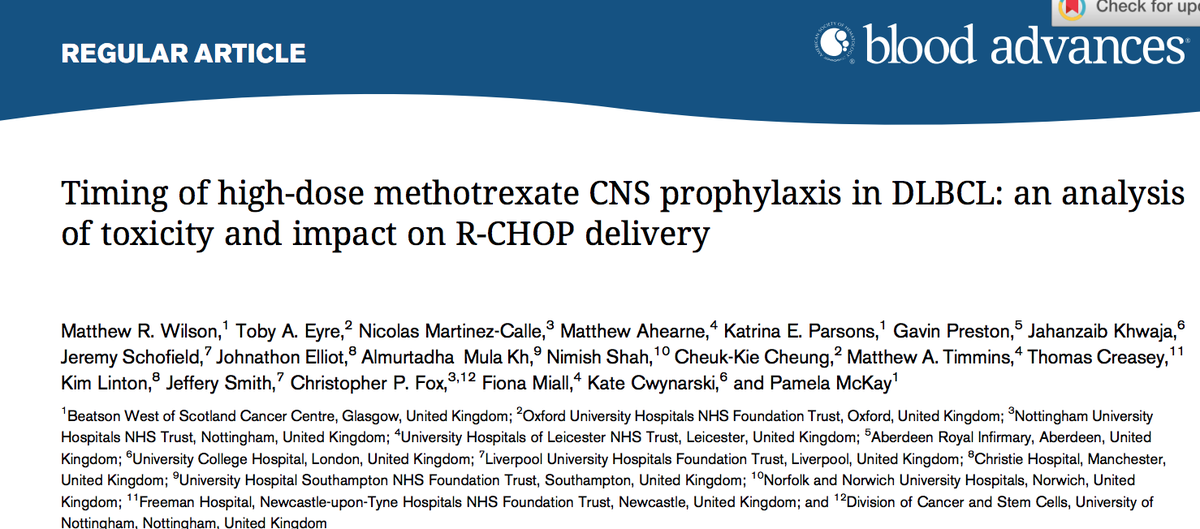 tobyeyre82's tweet photo. .@mattwilson2287 et al in @BloodAdvances
Large analysis of timing of HDMTX proph
334 RCHOP treated #DLBCL
i-MTX n=204 or EOT MTX n=130
⬆️ mucositis, NF, inpt days a/w i-HDMTX 
No diff: OS, PFS, CNS relapse btwn grps
Recommend HDMTX pre d10 RCHOP if i-HDMTX
Great 🇬🇧 effort! #lymsm https://t.co/zqSlMgcNag