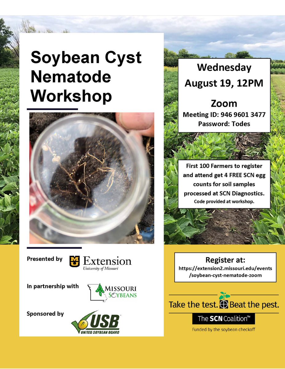 It’s time for another #SCN Workshop, this time we’re going digital. Join me Aug 19 at Noon as I talk #todes and new management tools. First 100 farmers to register get 4 FREE SCN counts from <a href="/SCNdiagnostics/">SCN Diagnostics</a>! See flyer for details <a href="/MUExtension/">MU Extension</a> @Mo_Soy <a href="/TheSCNCoalition/">The SCN Coalition</a> <a href="/UnitedSoy/">United Soybean Board</a>
