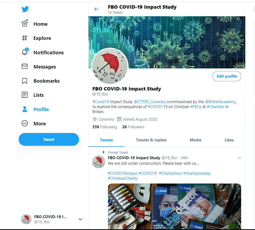 SanjeePerera1's tweet image. Friends can I ask for your indulgence in helping me promote our #BrandNewtwitterAccount

@19_fbo

...for our #Covid19 Impact Study @CTPSR_Coventry commissioned by the @BritishAcademy_ to explore the consequences of #COVID-19 on Christian #FBOs &amp;amp; #Charities in Britain.
#NewTwitter