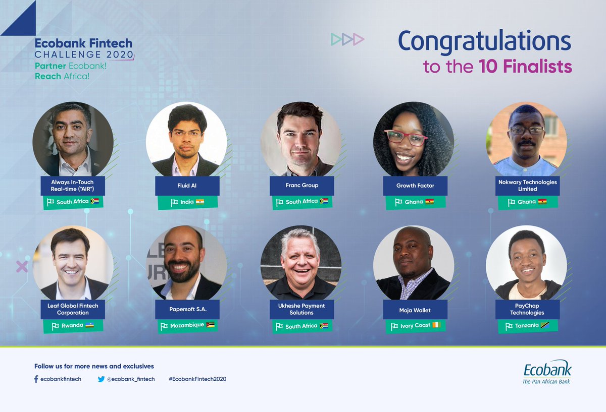 We are excited to announce the 10 Fintechs who have made it to the Ecobank Fintech Challenge Finals 2020. Meet our 10 Finalists, representing 7 different countries. Congratulations!!! #EcobankFintech2020 #AfricanFintech #EcobankFintechChallenge