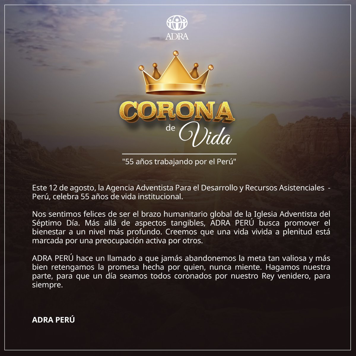 adraperu's tweet photo. 🎉¡ESTAMOS DE ANIVERSARIO!🎉
55 años trabajando por el Perú🇵🇪
#CoronaDeVida 👑 #ADRAPERÚ💚
@VergaraPlinio @EnzoChavez @bill_quispe @hebersjimenez @djsanchezl https://t.co/ALoPclI8GJ