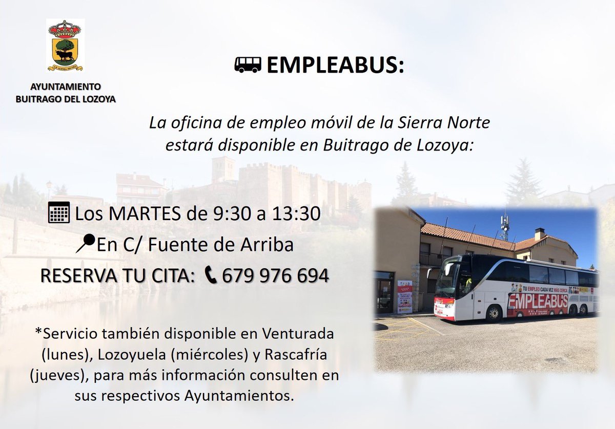 Aytobuitrago's tweet photo. 🚌 EMPLEABUS 👩‍💻🧑‍💻 La oficina de empleo móvil de la Sierra Norte estará disponible en Buitrago de Lozoya #SierraNorteMadrid #Empleabus #BuitragoDelLozoya https://t.co/wR0VoASwcP