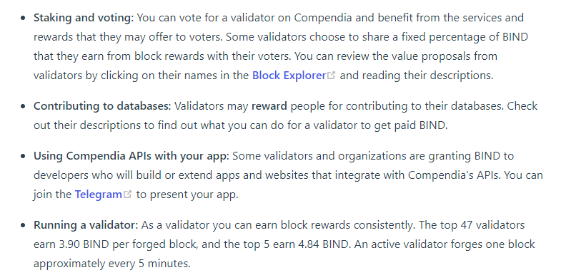 ❤️ Some ways that you'll be able to earn $BIND on Compendia, from the new docs.

More $BIND earning/farming methods being shared soon (courtesy of our validators)!
