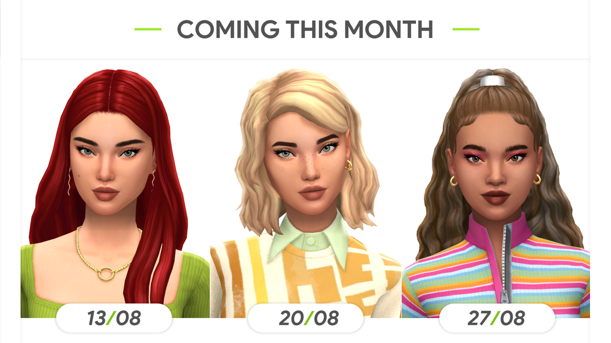 greenllamascc's tweet photo. 📅 Coming this month: August

Here are my releases for the month of August! 
Each hair will be released publicly on the dates below each hair and a week earlier for all of my patrons! Patrons can download the first hair right now!

🔗 https://t.co/70j0UdGGZy

#TheSims4 #TheSims https://t.co/Rm69I9M5u6