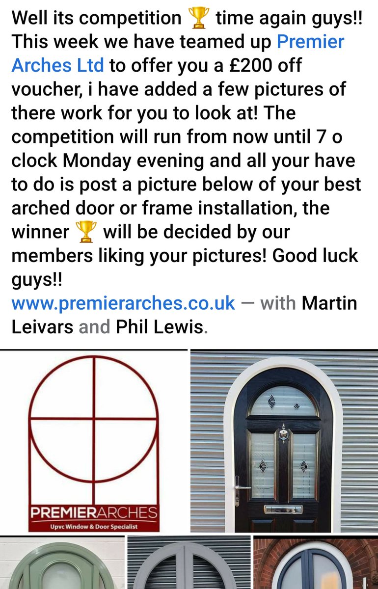 Competition time for fitters £200 off voucher with <a href="/PremierArches/">Premier Arches Ltd</a> 
facebook.com/groups/7556673… Click the link to join group and enter 
#windows #doors #archedwindows #archeddoors #group