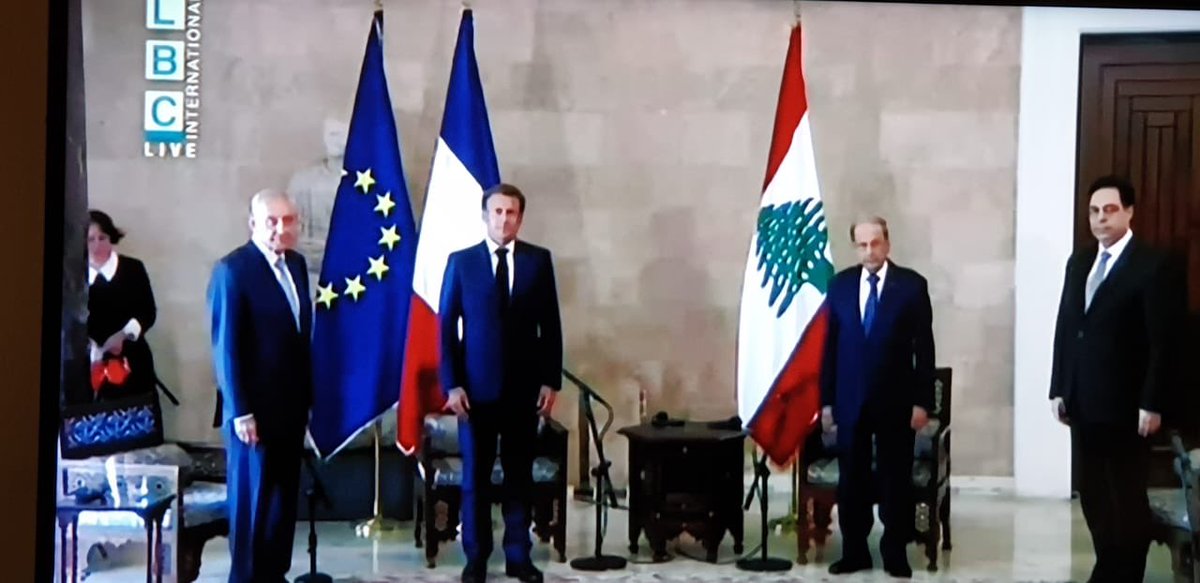 Macron is wearing a black tie in his meeting with President Aoun and PM Hassan Diab, a sign of mourning for the dead in the Beirut explosion. Aoun & Diab are not. This photo is being widely shared, with this observation noted