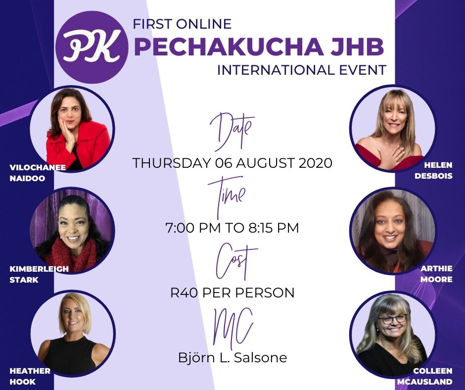 Online events have become the way in 2020, and it’s a great new experience. I’m attending <a href="/PechaKuchaJHB/">PechaKucha Johannesburg</a> event tonight with some incredible female speakers and MC’d by <a href="/bjornsalsone/">Björn Luciano Salsone 🎤 🏳️‍🌈 🇮🇹🇨🇳</a>.