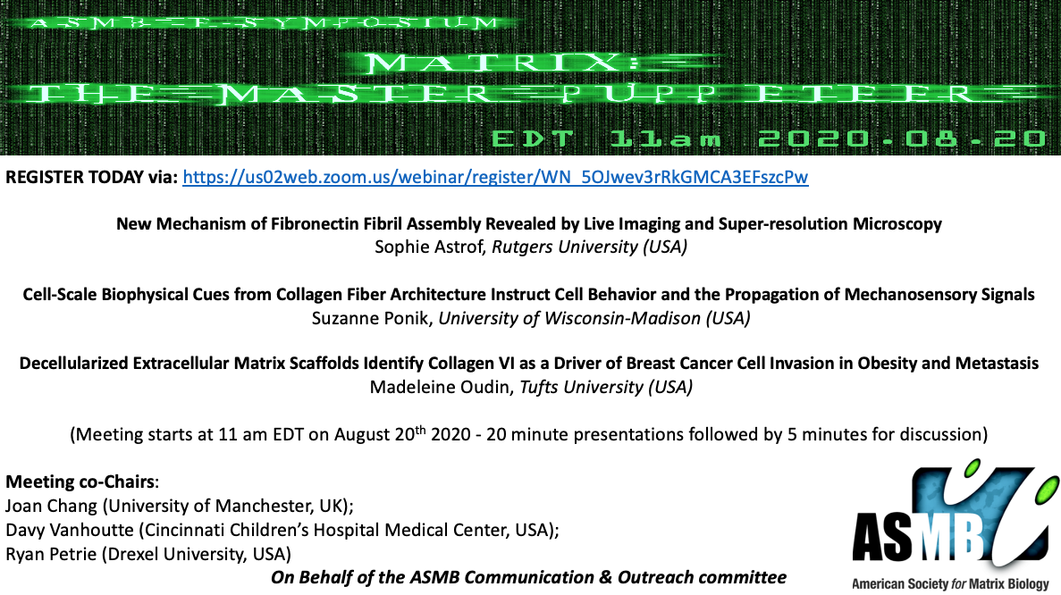 amsocmatbio's tweet photo. Plans on August 20th? No? Don't Panic, @amsocmatbio has you covered!
#register Now๐& join us for our 3rd #ECMatrix E-Symposium: "Matrix, The Master Puppeteer".
https://t.co/ZImfGaBo5g #ASMBeHome #ECMatrixIsEverywhere #ScienceNoBoundaries https://t.co/XkOzNfEy9s