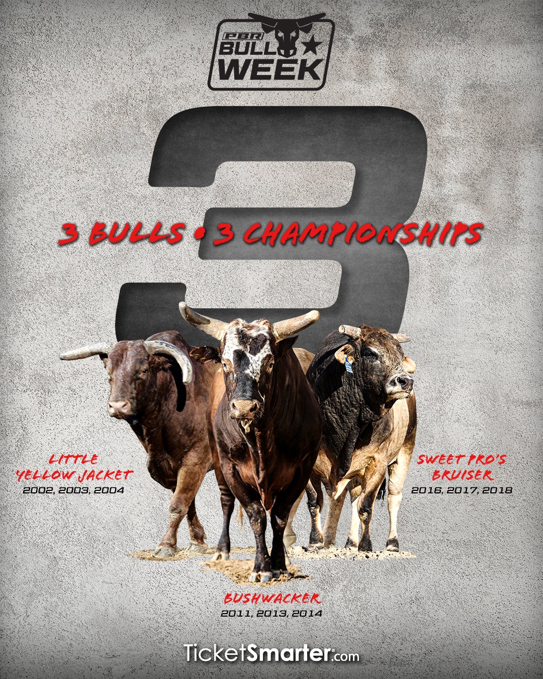 PBR on X: "3 bulls. 3x World Champions. Bushwacker, Little Yellow Jacket  and SweetPro's Bruiser are undeniably the rankest of all time. (w/  @ticketsmarter) https://t.co/CJ9YG0XyEd" / X