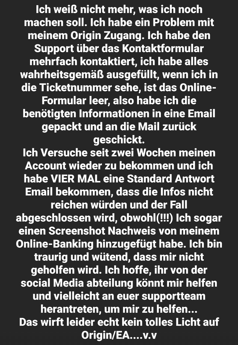 SorasparkleCos's tweet photo. @EA_Germany über eine Antwort wäre ich mehr als dankbar. Wenn ihr Informationen braucht, kontaktiert mich bitte über eine Direktnachricht. Vielen Dank.

Telefonisch habe ich übrigens auch niemanden erreicht...:/ https://t.co/lB8Taw65RM
