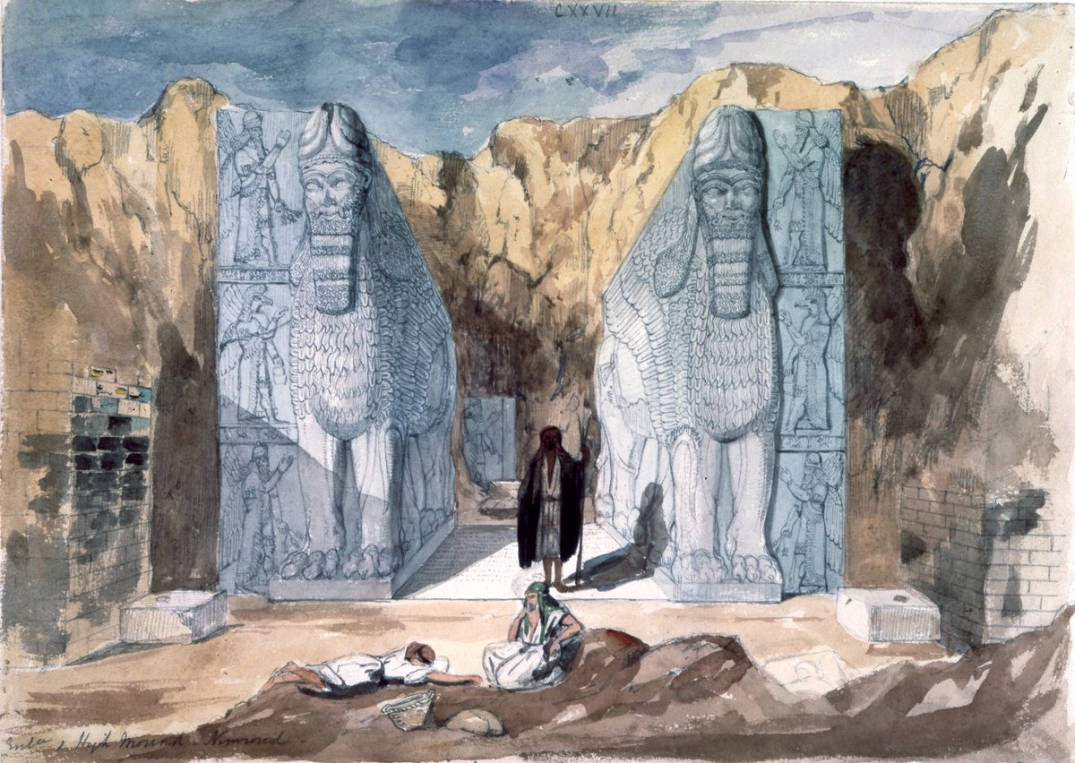 Sketch of two Lamassu deities excavated from the earth in Nimrud: