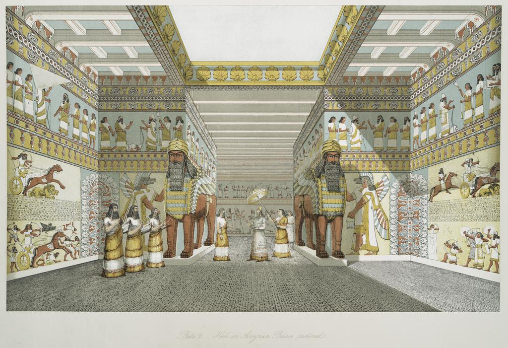 A.H. Layard's artistic rendition of the inner palace and throne room of a palace in ancient Nineveh:
