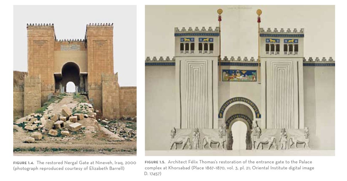 Architect Félix Thomas’ reconstruction of the gates of Dūr Šarru Kîn (right), pictured here next to the rebuilt Nergal Gate in Nineveh (left)