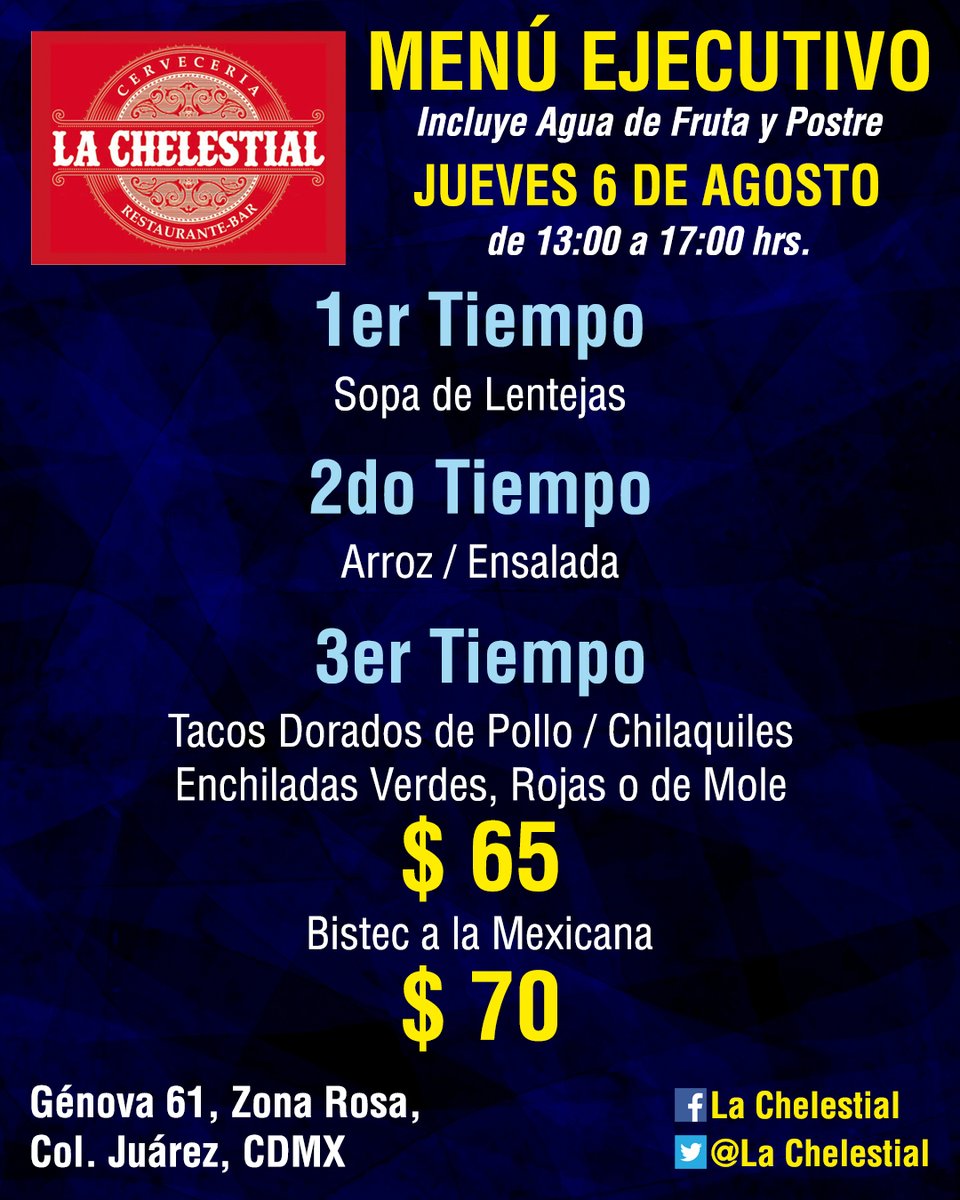 #Jueves #CasiViernes día perfecto para saborear el delicioso #MenúEjecutivo de #LaChelestial, ven, arrancamos a partir de las 13 hrs. ¡Te esperamos!