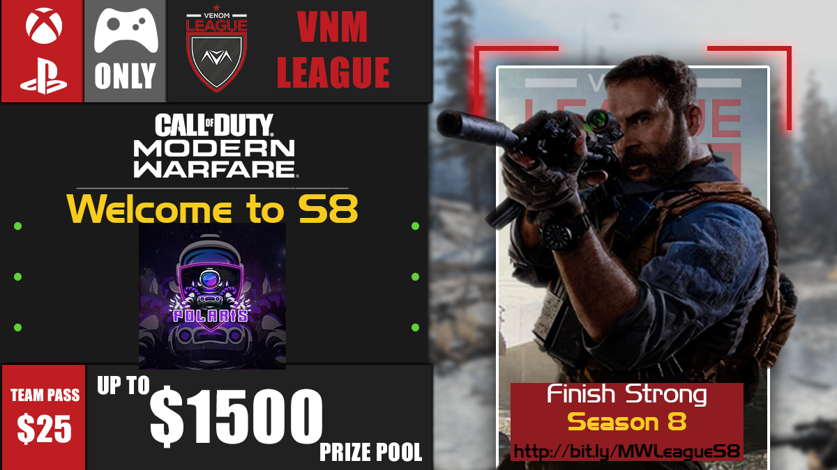 vnmTourney's tweet photo. ➡️ Polaris Gaming ⬅️ 
Welcome to our #MW Season 8 League ~💰up to $1,500 Prize

Captain: @MoonyYT
Organization: @PoIarisGaming 

🎫We only have 4⃣ spots left, in Pool 🅱️ Finish Strong

DM us to purchase your S8 Team Pass↩️
https://t.co/UyOLZGBUfq

#vnmNews https://t.co/zb9afRPiCD