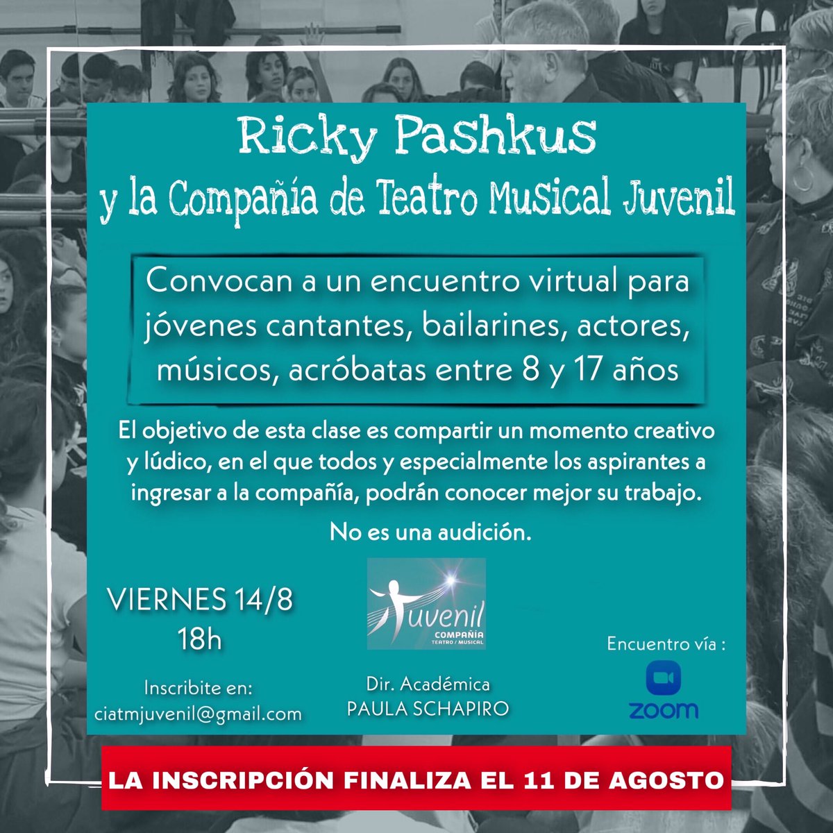¡Tenés tiempo de anotarte hasta la semana que viene! La inscripción finaliza el 11 de agosto. ¡Te esperamos! 
<a href="/pashkus/">Ricky Pashkus</a> .

⚠️INSCRIBITE EN:
ciatmjuvenil@gmail.com 📧