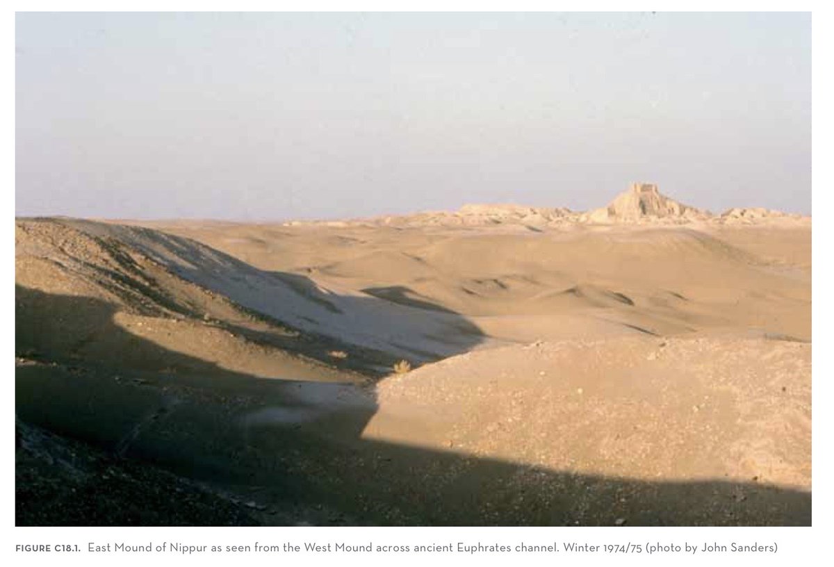 Peggy Sanders’ (1982) painting of the East Mound of Nippur, compared to a photo of the real mound, taken by John Sanders (1974)