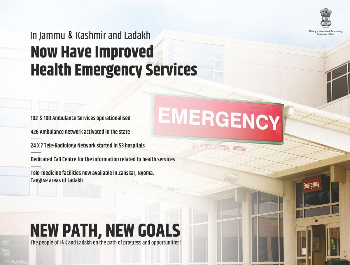 PIBSrinagar's tweet photo. #OneYearOfDevelopment in #JammuAndKashmir and #Ladakh 👇 

▶️Now have the world class healthcare infrastructure
▶️Now healthcare coverage for all
▶️Now have improved health emergency services

#OneNationOneAspiration #JammuKashmirThenAndNow #LadakhThenAndNow https://t.co/FxmYnanzRH