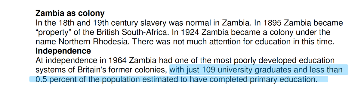Let's look at the claims they are making: It is highlighted in red. Zambia had a 99.5% ILLITERACY rate. It's going to be pretty hard to account for lack of schools with other "social services"