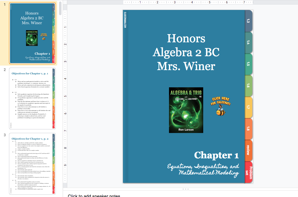 Lisaqt314's tweet photo. Created a #virtualnotebook for each course. Thanks @SlidesManiaSM! #mtbos #distancelearning #googleslides #math #algebra2 @CengageLearning #udl https://t.co/UCaXXurLrQ